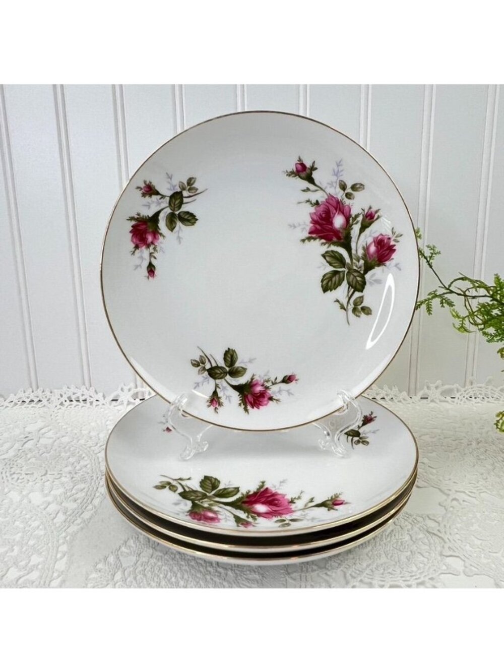Sango Moss Rose Fine China Japan Set of 4 Salad Plates White Pink Roses 7.5"